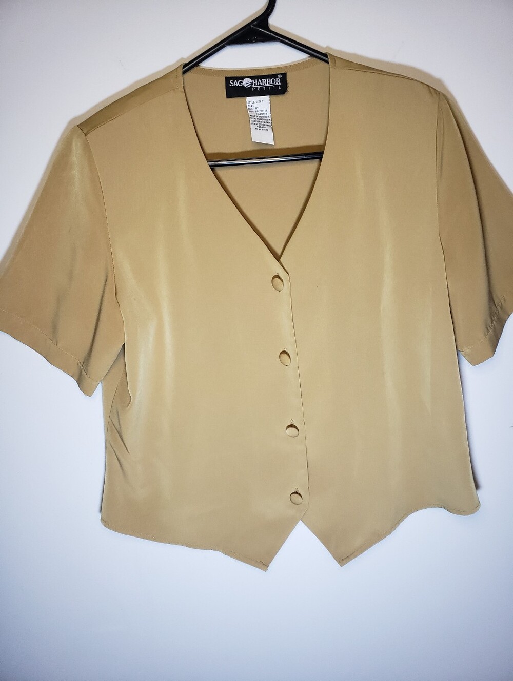 Sag Harbor Petite Blouse 12P Khaki Tan Button Up Short Sleeve Crop Vest Top - Picture 10 of 10